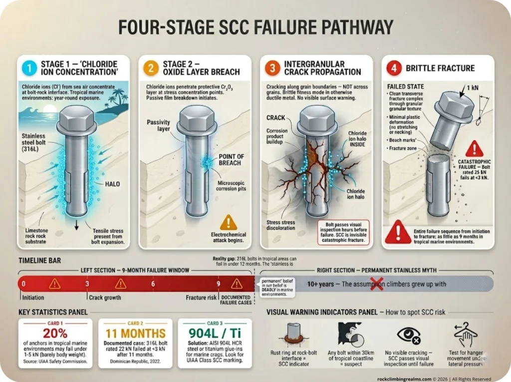 Infographic showing SCC failure pathway cross-section with chloride ion progression, crack propagation, and 9-month failure timeline