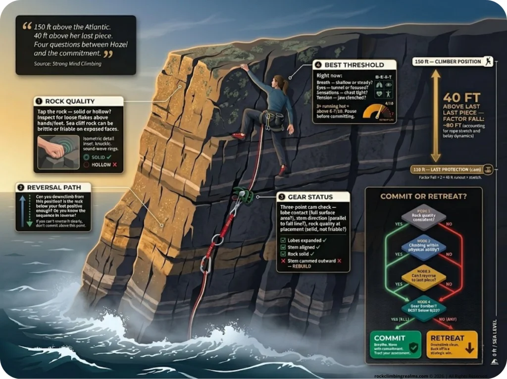 Infographic showing sea-cliff runout decision framework with labeled danger zones, BEST threshold checks, and 4-question commit-or-retreat flowchart