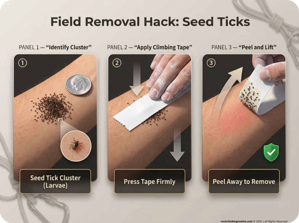 Infographic showing a 3-step sequence of removing seed ticks from skin using climbing tape with scale reference