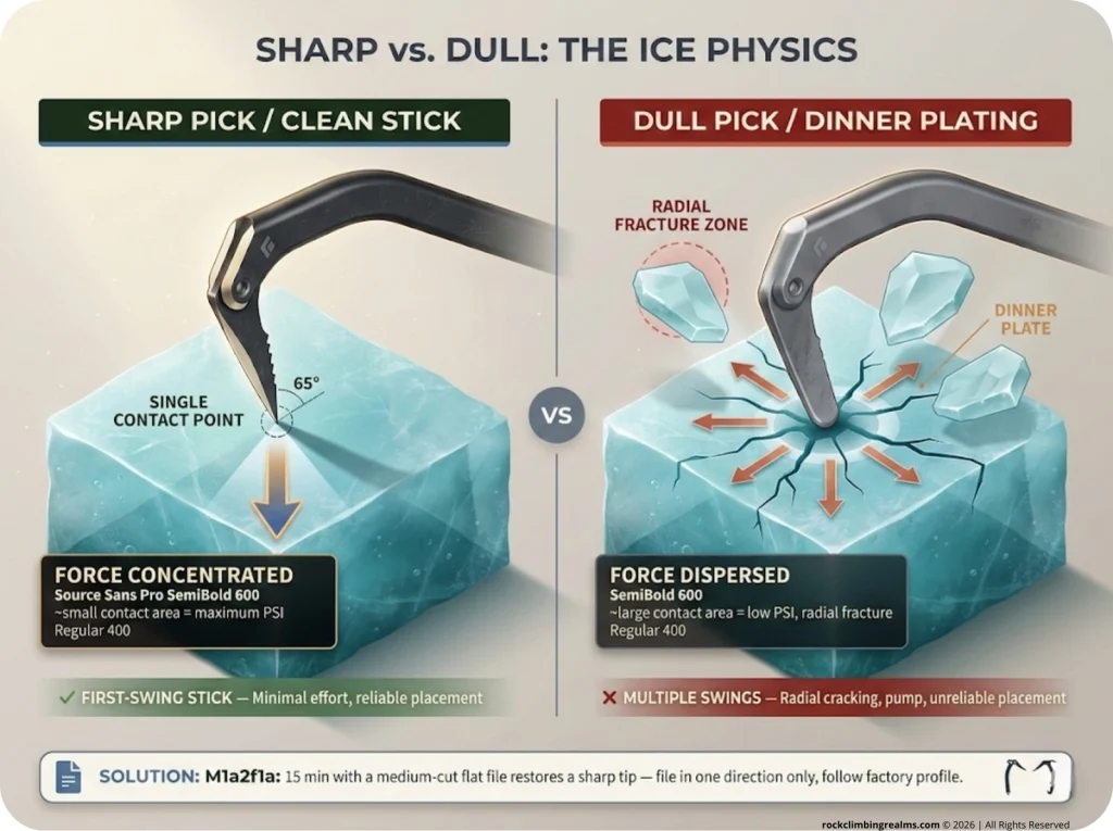 Infographic comparing sharp vs dull ice pick force distribution showing clean penetration versus radial fracture dinner-plating patterns
