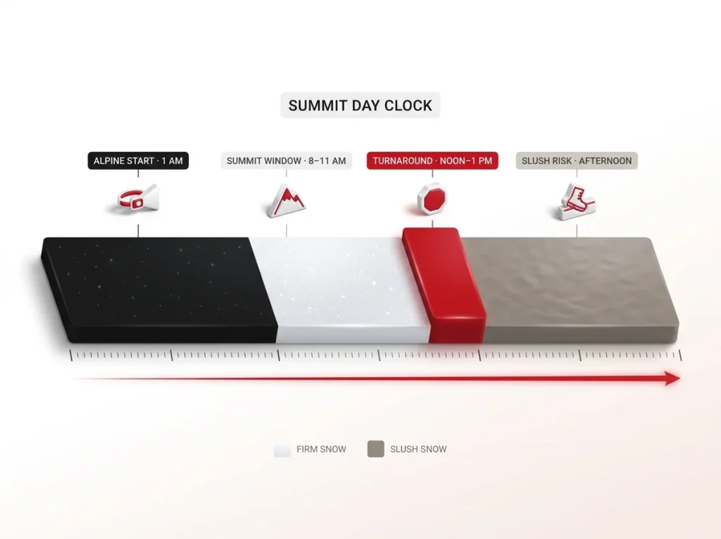 Timeline infographic showing Mount Shasta alpine start, summit window, turnaround time, and slush snow risk period