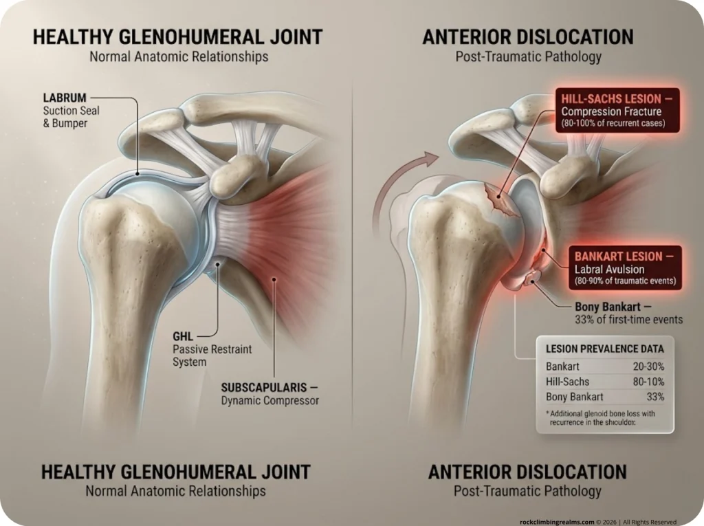 Infographic comparing healthy vs dislocated shoulder anatomy with Bankart and Hill-Sachs lesion zones labeled