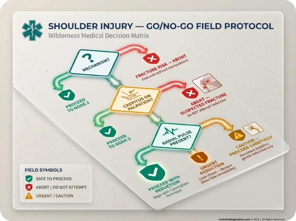 Decision-tree flowchart for shoulder injury Go/No-Go field protocol with fracture and CSM assessment