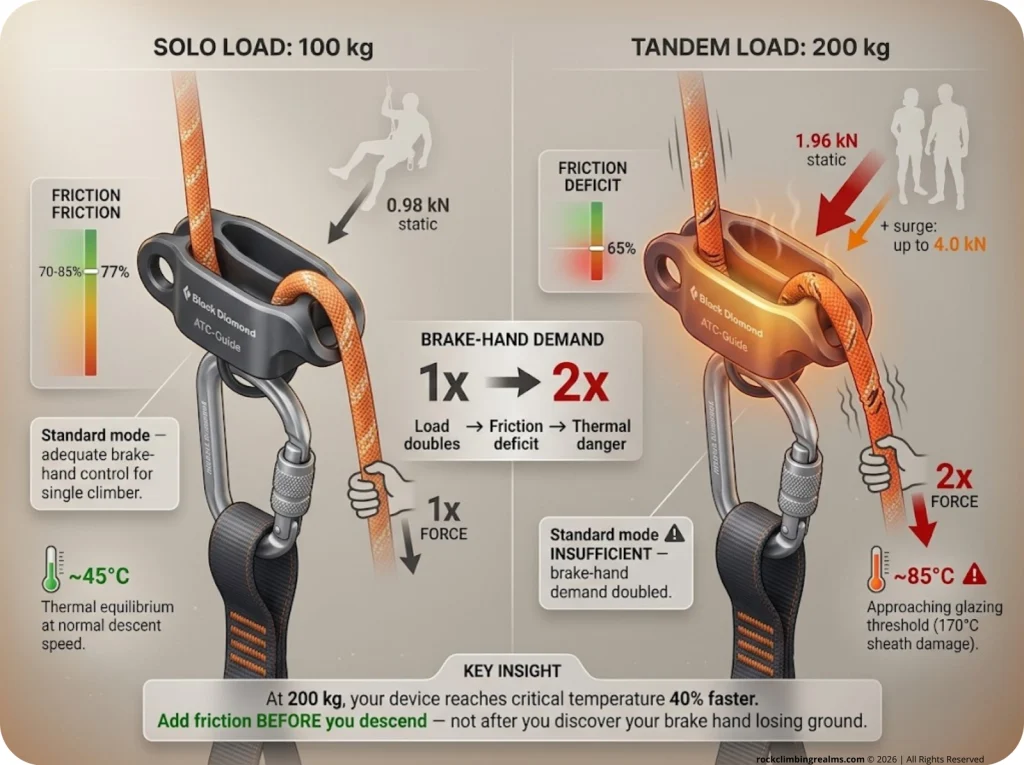 Infographic comparing single 100kg vs tandem 200kg ATC load with friction percentages and heat gradient