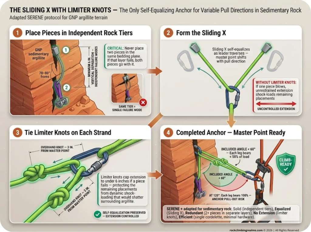 Infographic showing 4-step Sliding X anchor with limiter knots for sedimentary rock with technique annotations