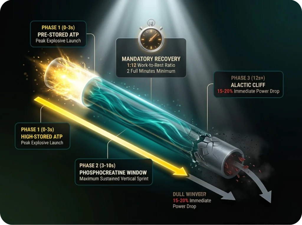 Infographic showing speed climbing energy systems timeline with ATP-CP phases, alactic cliff, and work-to-rest ratio callouts