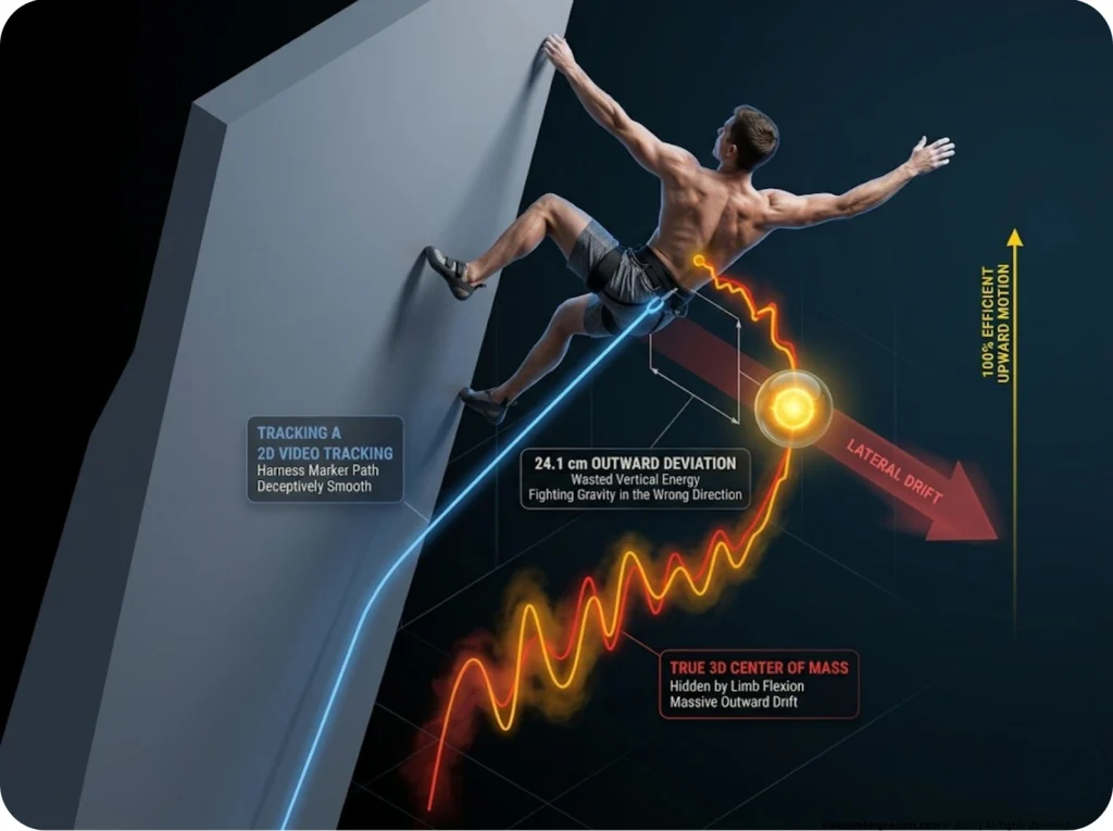 Infographic comparing 2D harness tracking with 3D true center of mass deviation during dynamic speed climbing movements