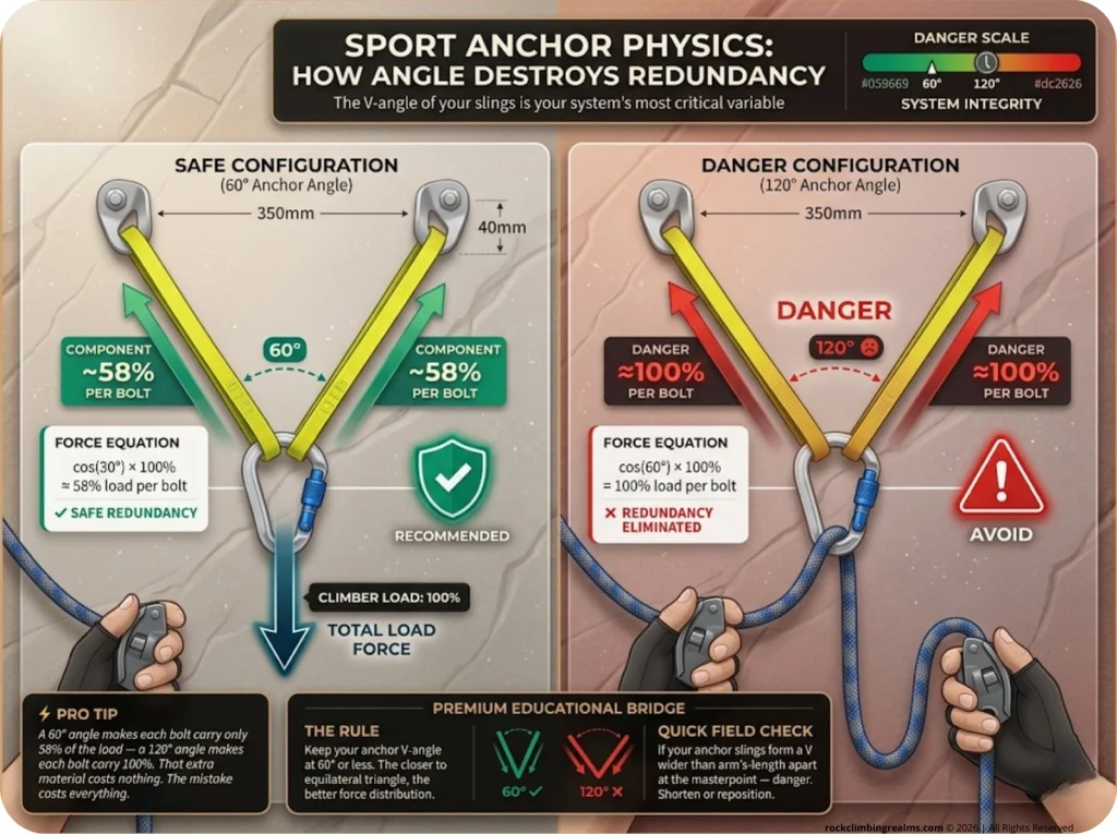 Infographic showing two-bolt sport anchor V-angle physics: 60° safe load distribution vs 120° danger force multiplier with tension diagrams