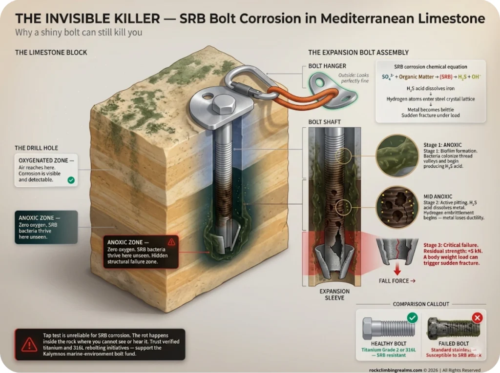 Infographic showing cross-section of expansion bolt in limestone with SRB corrosion zones, anoxic chamber, and metal failure progression