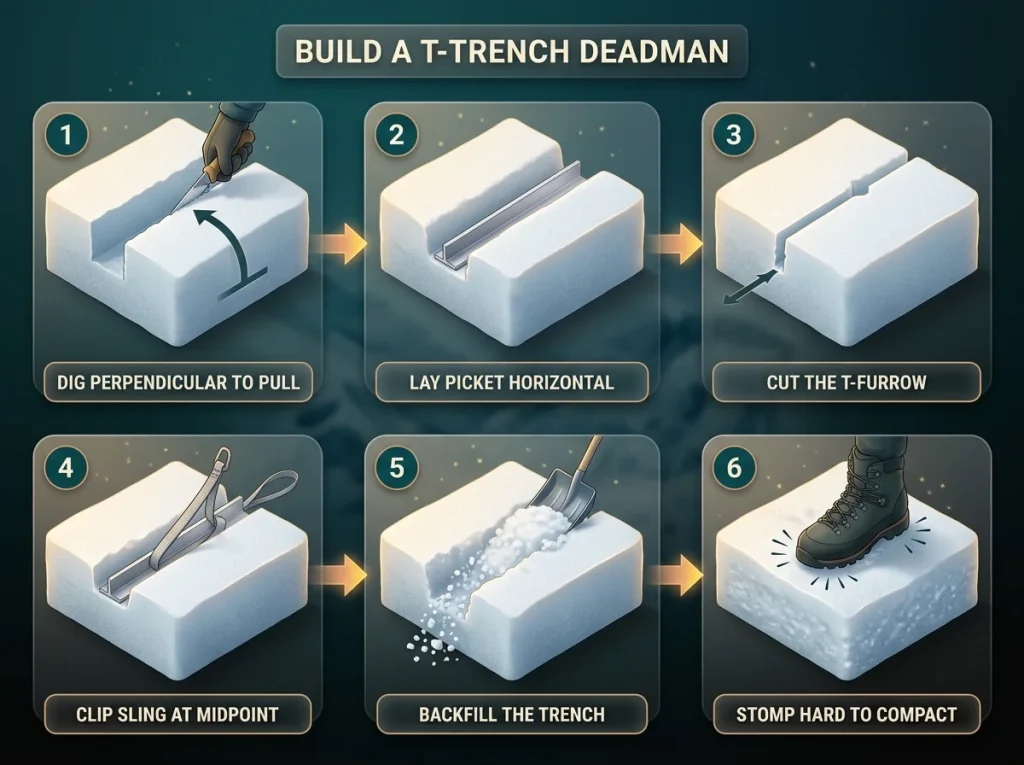 Six-step numbered sequence building a T-trench deadman snow anchor from trench dig to boot compaction