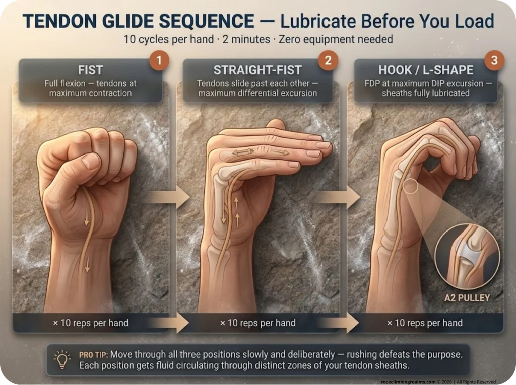 Infographic showing 3-panel tendon glide hand positions (fist, straight-fist, hook) against real rock with tendon movement arrows