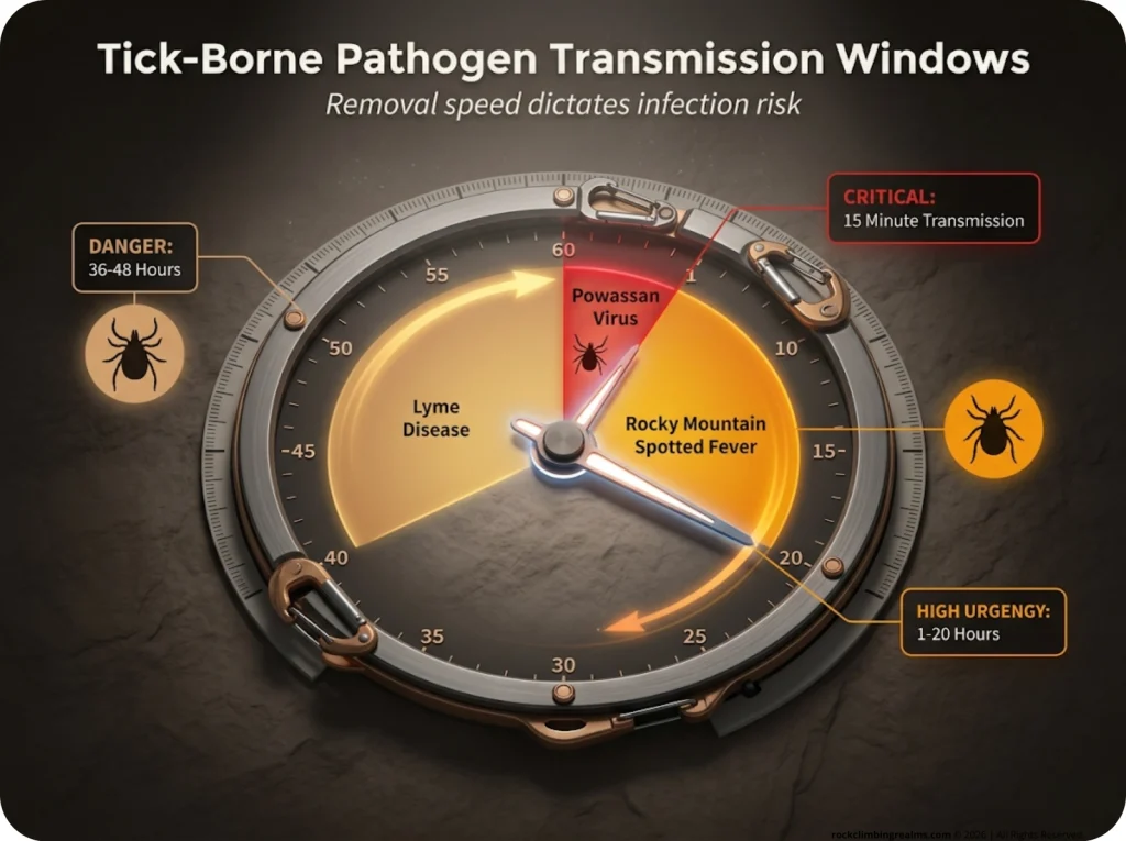 Infographic showing a clock-face timeline of tick-borne disease transmission windows with urgency color coding