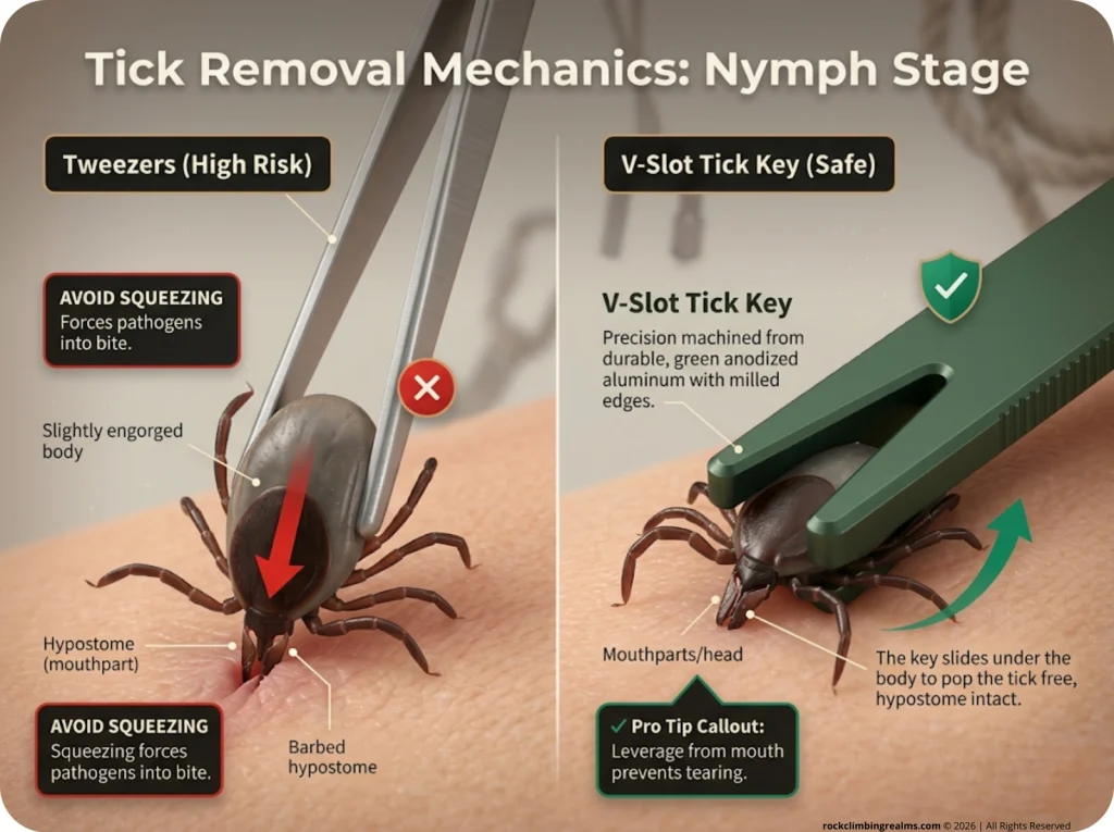 Infographic showing macro comparison of tweezers versus tick key grasp mechanics on a nymphal tick with risk labels