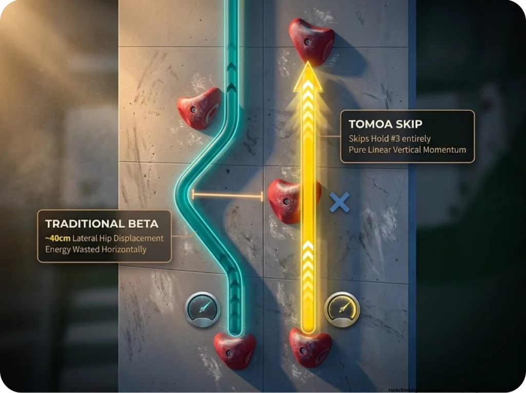 Infographic comparing traditional speed climbing beta with Tomoa Skip showing hip displacement and vertical trajectory paths