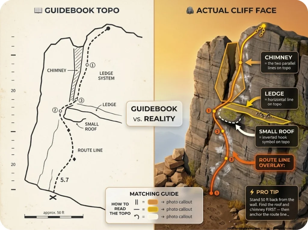 Infographic comparing guidebook topo sketch to real cliff photo with vector overlays highlighting route line, chimney, and ledge features