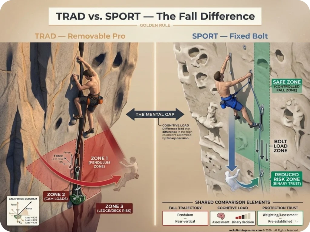 Infographic comparing trad vs sport climbing fall trajectories with labeled cam loading, pendulum arcs, bolt catch zones, and danger areas