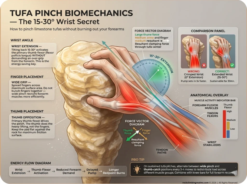 Infographic showing tufa pinch grip biomechanics with optimal wrist angle, activated forearm muscles, and energy-saving technique