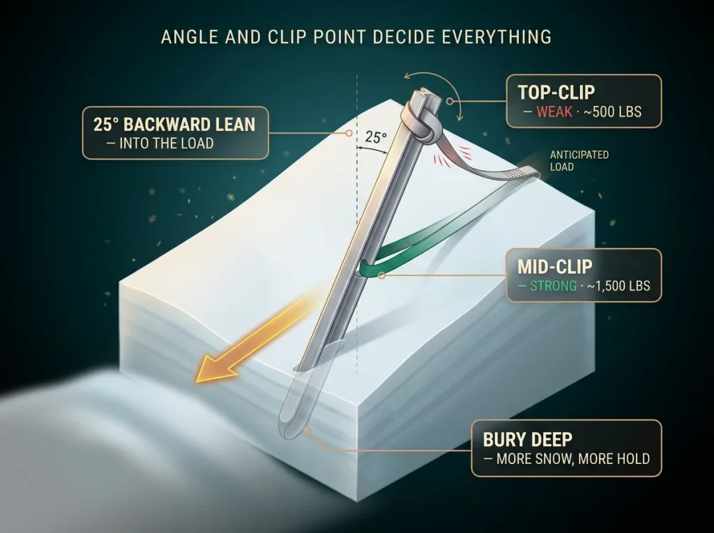 Side-view diagram of a snow picket showing 25-degree lean, load arrow, and top-clip vs mid-clip strength