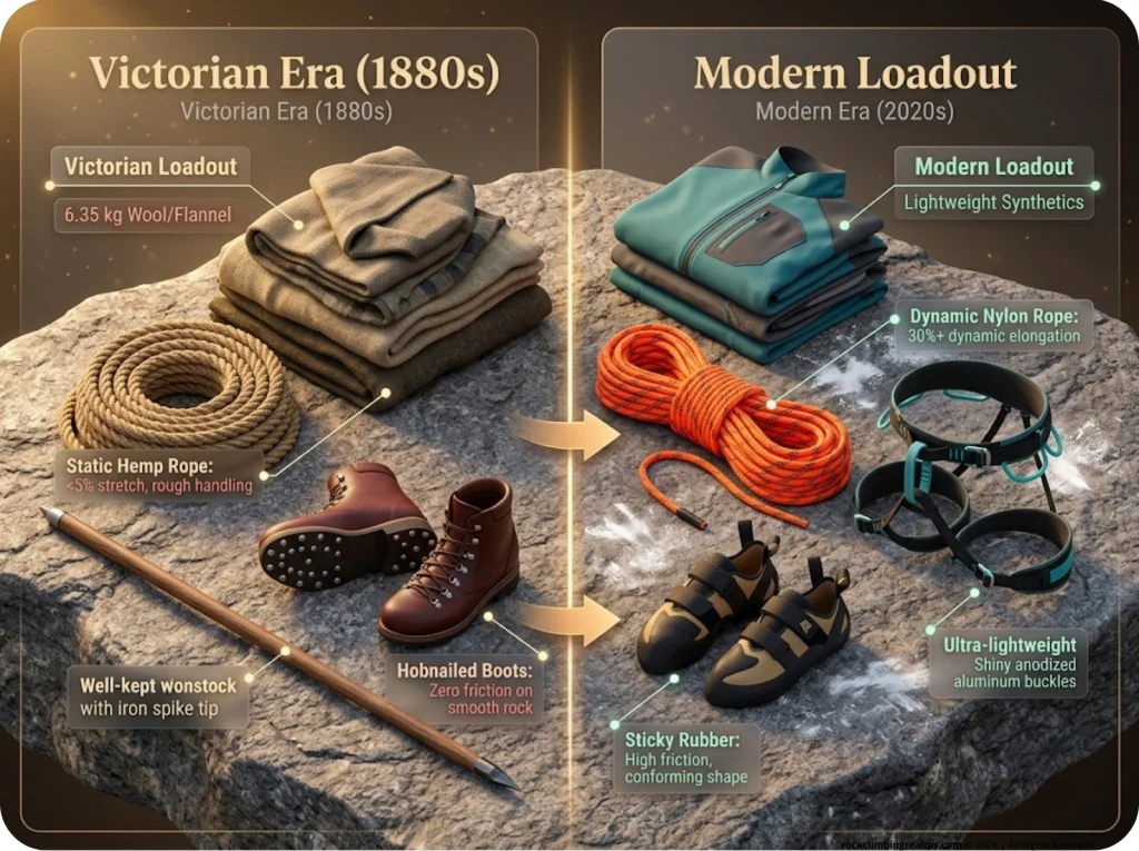Infographic comparing Victorian vs modern female climbing gear with annotated weight, elasticity, and friction specifications