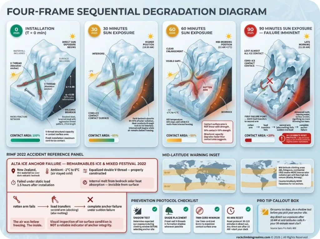 Infographic showing 4-frame V-thread ice tunnel degradation sequence from installation to 90 min sun exposure with contact area loss