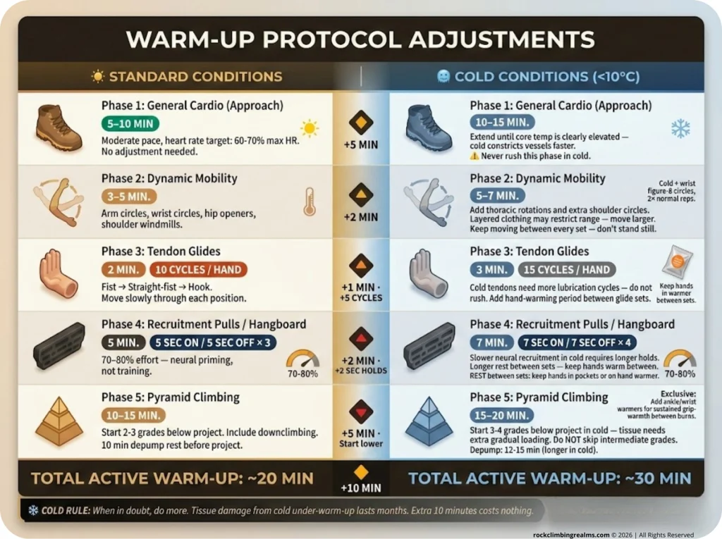 Infographic comparing standard vs. cold weather warm-up durations for each climbing routine phase with adjusted reps and hold times