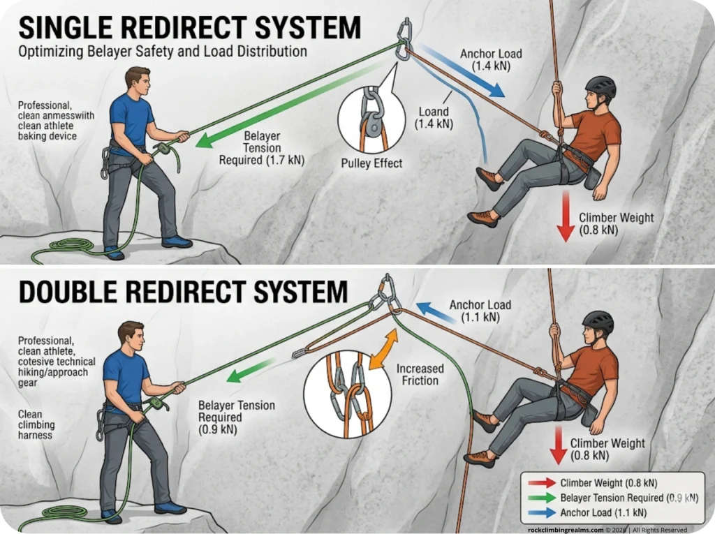 Infographic showing force diagram of 120 lb belayer lowering 200 lb climber with one and two redirect carabiners and kN readings
