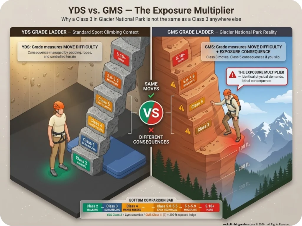 Infographic comparing YDS and GMS grading systems with exposure visualization showing same moves with different consequences