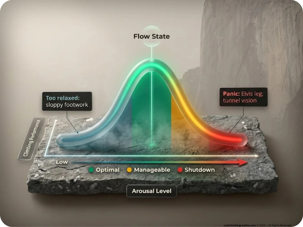 Infographic showing Yerkes-Dodson bell curve of climbing performance with labeled zones for flow state, sloppy footwork, and panic