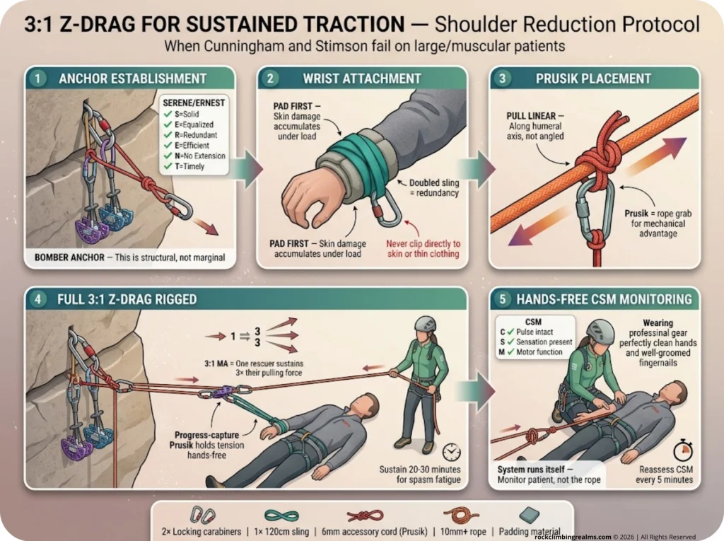 5-frame sequence showing 3:1 Z-drag setup for shoulder reduction traction with CSM monitoring