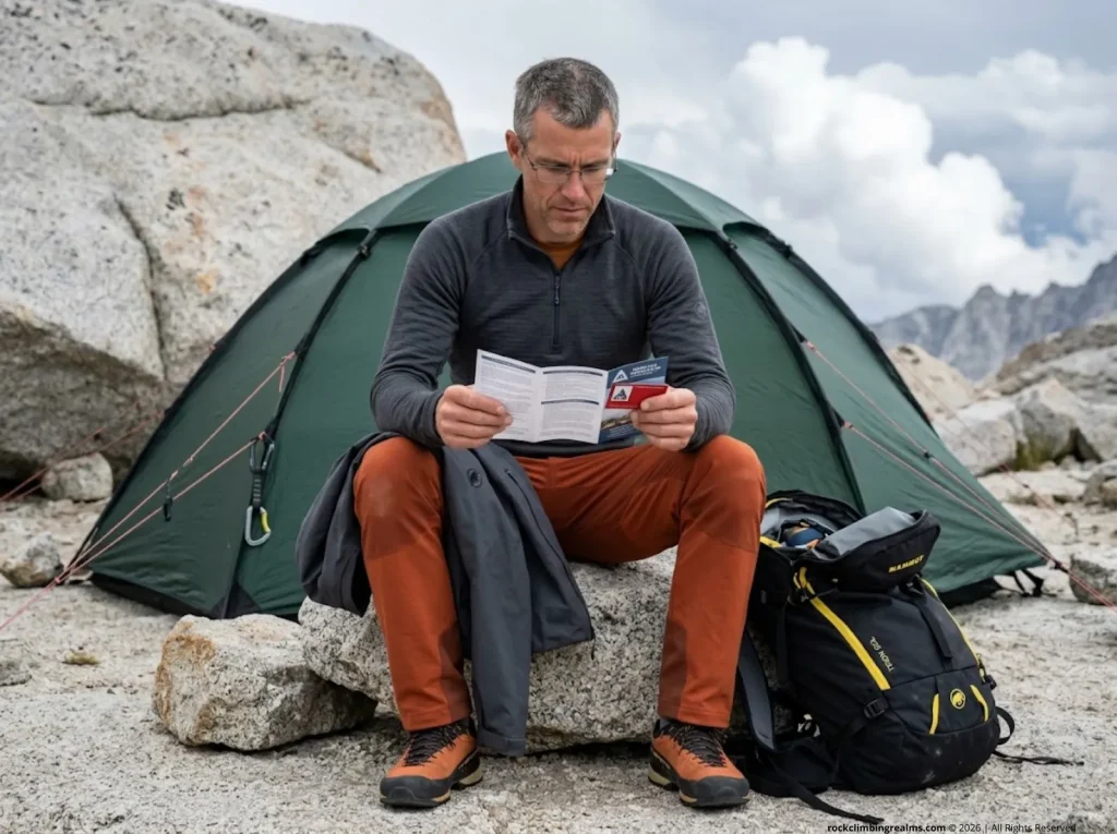 Climber reviewing AAC rescue insurance policy at alpine basecamp with rescue coverage