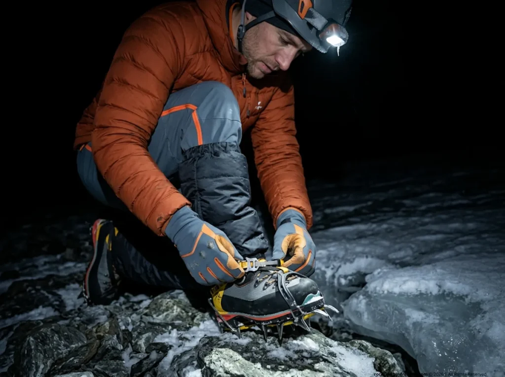 Alpinist adjusting crampons on double boots in the dark before a summit push 