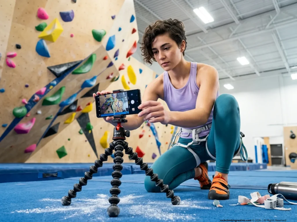 Climber setting up a smartphone on a tripod at an indoor gym to use an AI tracking app.