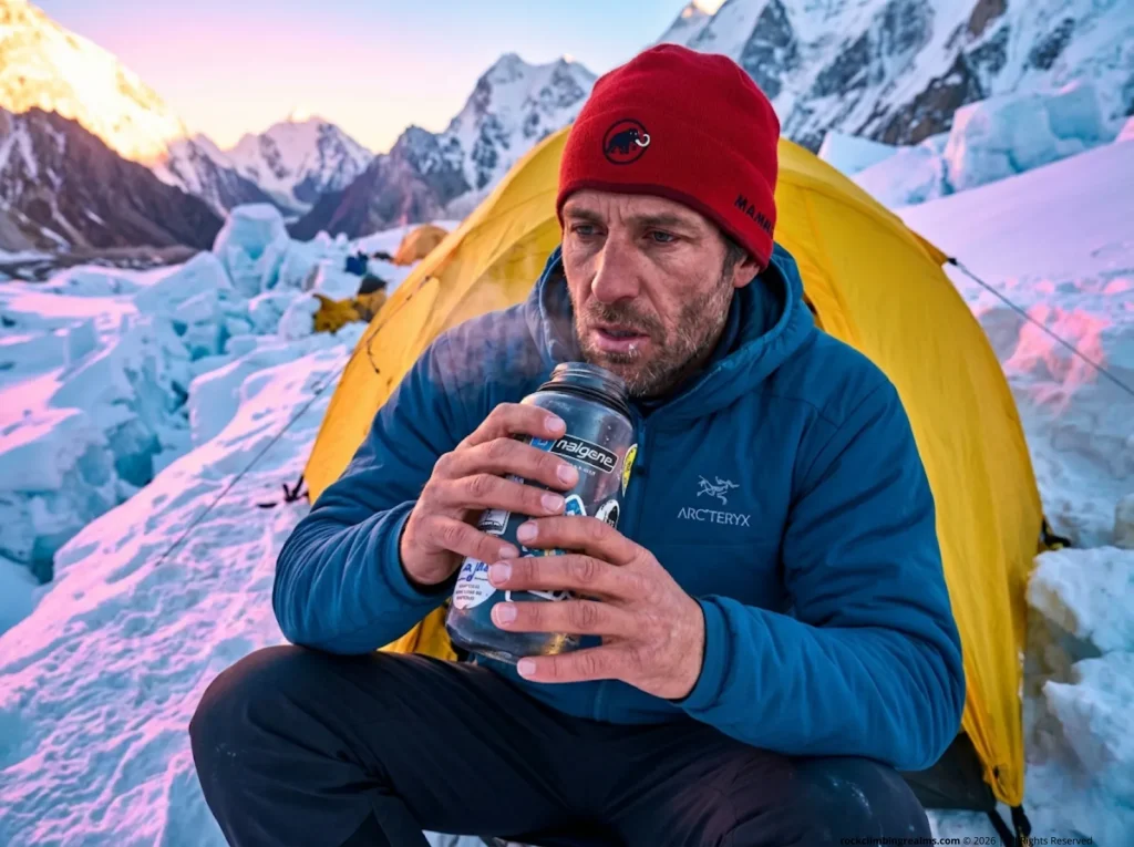 Exhausted mountaineer hydrating outside a yellow tent at high camp to prevent altitude sickness