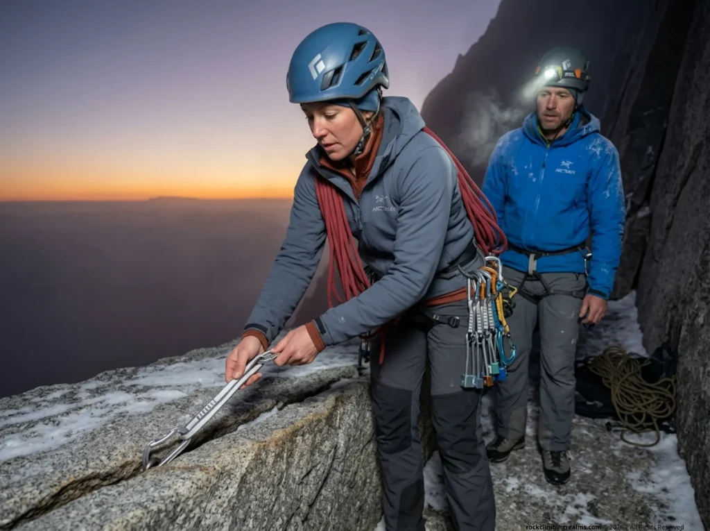 Two exhausted alpine climbers rigging a rappel anchor at dusk under fatigue and time pressure, depicting human factors in anchor failure
