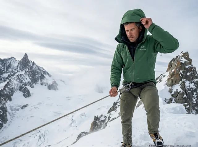alpine-climbing-belay-parka-high-altitude-layered Experienced alpinist pauses on a wind-scoured alpine ridgeline, adjusting down belay parka over Gore-Tex shell, high-altitude layering system in action