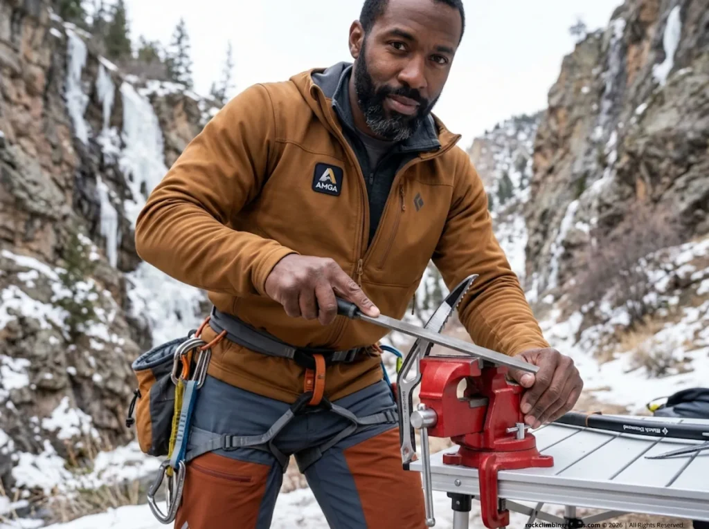 AMGA guide filing Black Diamond Fusion ice pick in vice using one-direction push strokes 