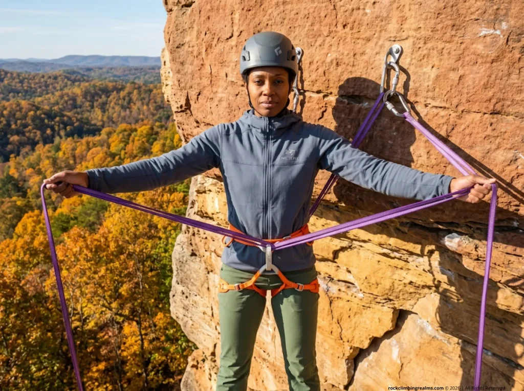 Climbing guide demonstrating wide anchor angle at a limestone sport crag, illustrating force multiplication geometry