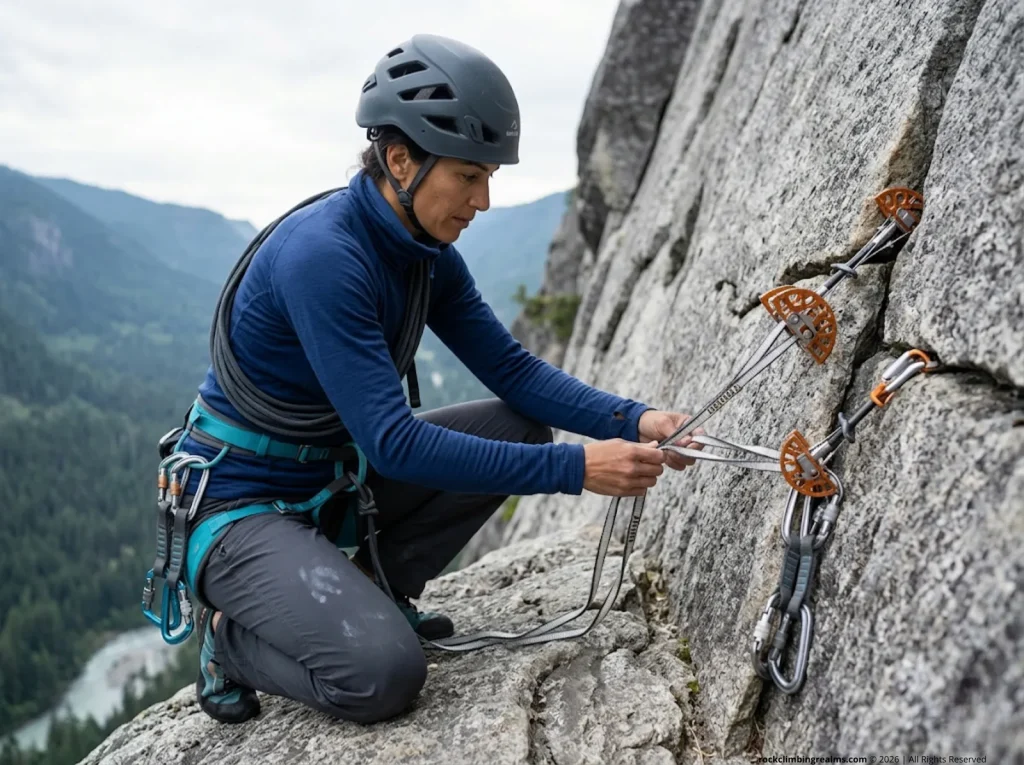 Female climber building equalized multi-piece anchor for tandem rappel rescue on granite multi-pitch