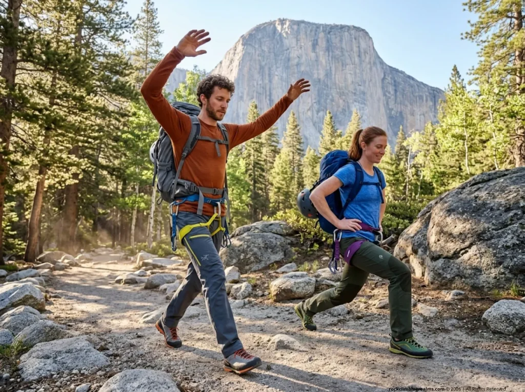 Two climbers doing dynamic stretches on approach trail to granite crag