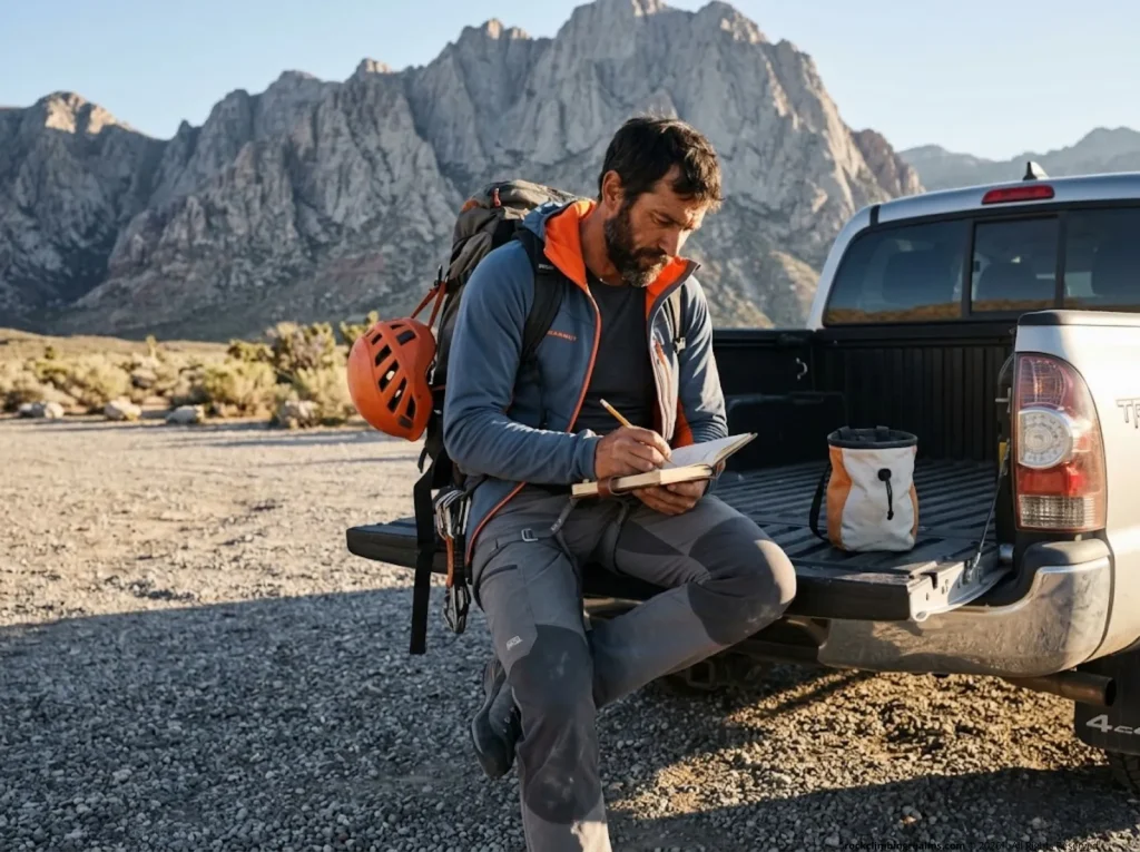 A climber at a trailhead writing in a journal learning how to set climbing goals with focused intention and mental prep.