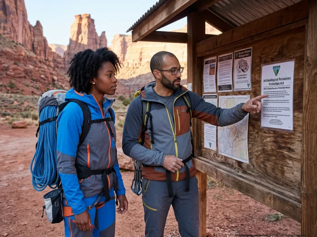 Two climbers reading ARPA cultural resource protection notice at BLM trailhead before crag approach