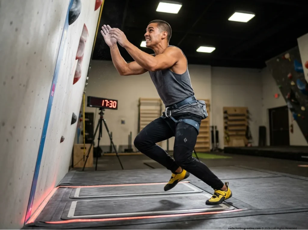 Speed climber launching off the timing pad at the explosive start of an IFSC speed climbing attempt in La Sportiva Cobra 4.99 slippers