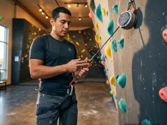 Only 10% of Climbers Double-Check Their Auto Belay Climber performing auto belay safety double-check at climbing gym before ascending — belay loop carabiner pinch test