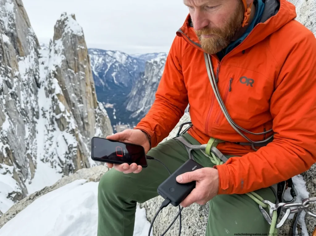 Alpinist charging a phone with a power bank at a cold mountain belay.