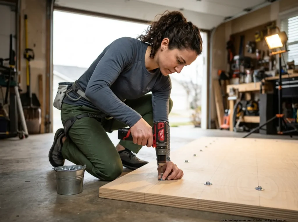 Installer fitting screw-in T-nuts into the back of a Baltic Birch climbing wall panel in a home garage