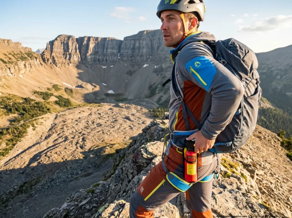 Climber on Glacier National Park alpine ridge with hand on bear spray canister, scanning for grizzly in talus basin below