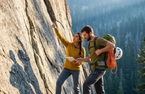 How to Find Safe Beginner Outdoor Climbing Routes Near You Two climbers wearing backpacks and helmets looking at a guidebook while standing at the base of a large granite rock face