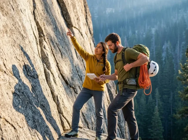 beginner-outdoor-climbing-route-planning-guide Two climbers wearing backpacks and helmets looking at a guidebook while standing at the base of a large granite rock face