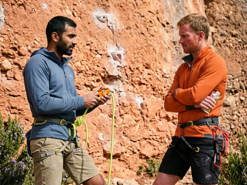 Two climbers at the base of a Siurana sport route reviewing belay device loading before the lead