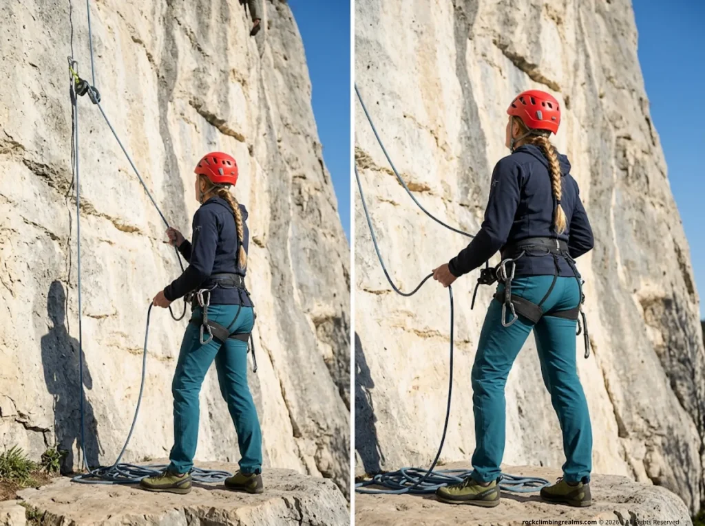 Female belayer using Edelrid Ohm in correct ergonomic stance to protect shoulder at sport crag